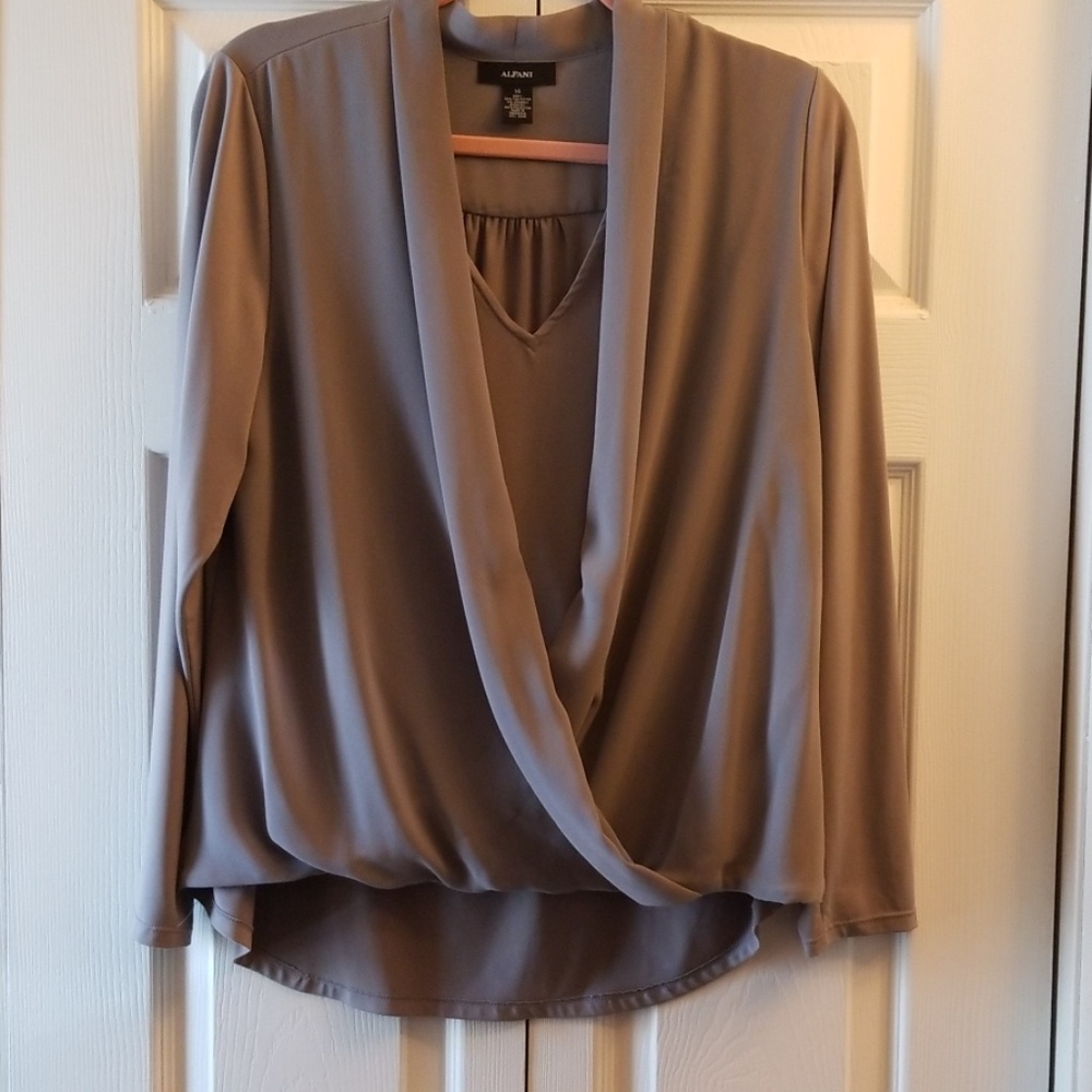 Gray blouse with wrap front draping